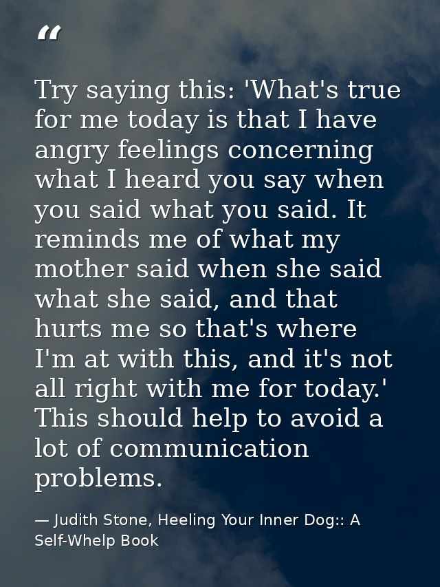Try saying this: 'What's true for me today is that I have angry feelings concerning what I heard you say when you said w — Judith Stone, Heeling Your Inner Dog:: A Self-Whelp Book