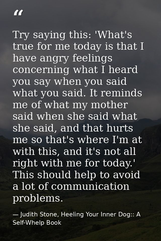 Try saying this: 'What's true for me today is that I have angry feelings concerning what I heard you say when you said w — Judith Stone, Heeling Your Inner Dog:: A Self-Whelp Book