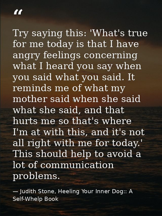 Try saying this: 'What's true for me today is that I have angry feelings concerning what I heard you say when you said w — Judith Stone, Heeling Your Inner Dog:: A Self-Whelp Book
