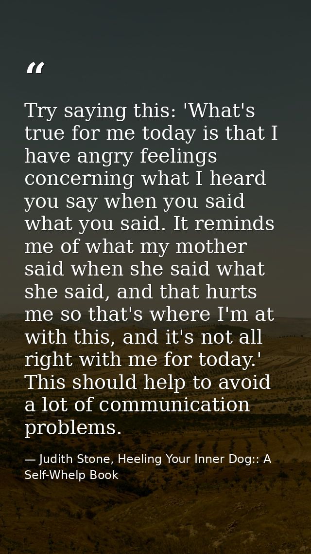 Try saying this: 'What's true for me today is that I have angry feelings concerning what I heard you say when you said w — Judith Stone, Heeling Your Inner Dog:: A Self-Whelp Book