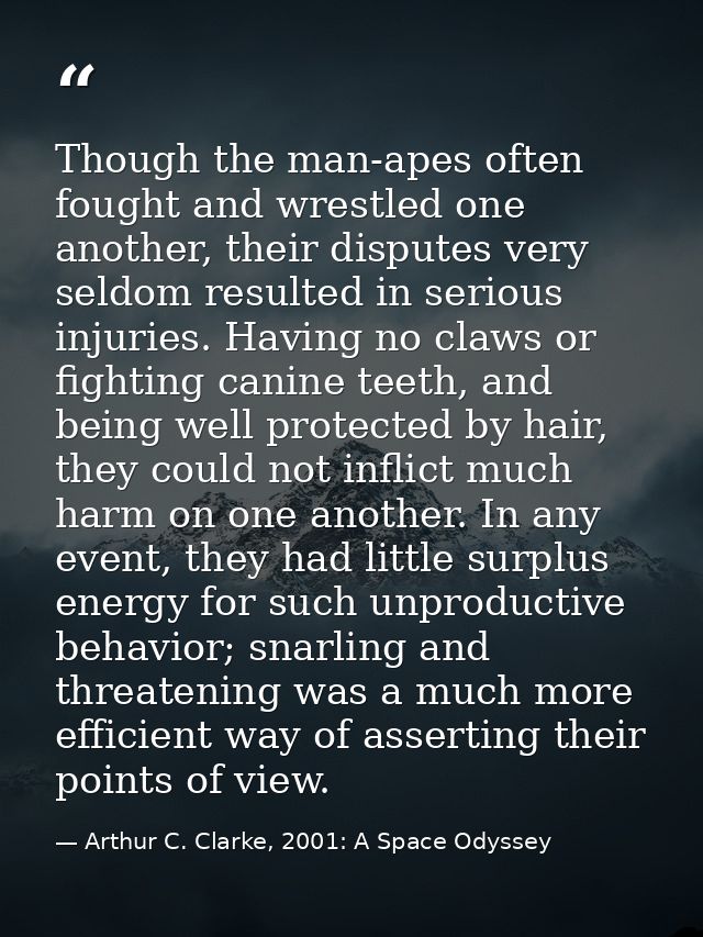 Though the man-apes often fought and wrestled one another, their disputes very seldom resulted in serious injuries. Havi — Arthur C. Clarke, 2001: A Space Odyssey