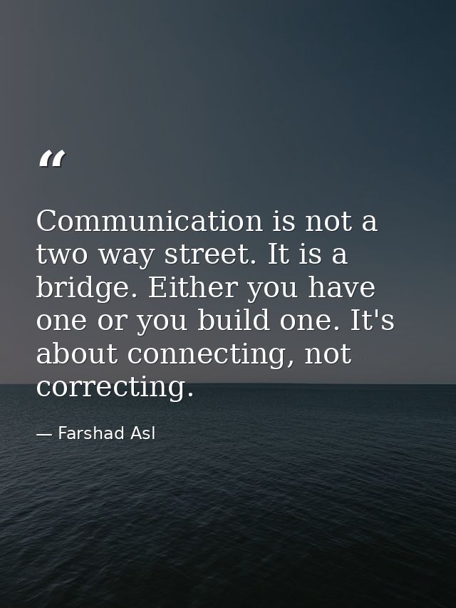 Communication is not a two way street. It is a bridge. Either you have one or you build one. It's about connecting, not  — Farshad Asl