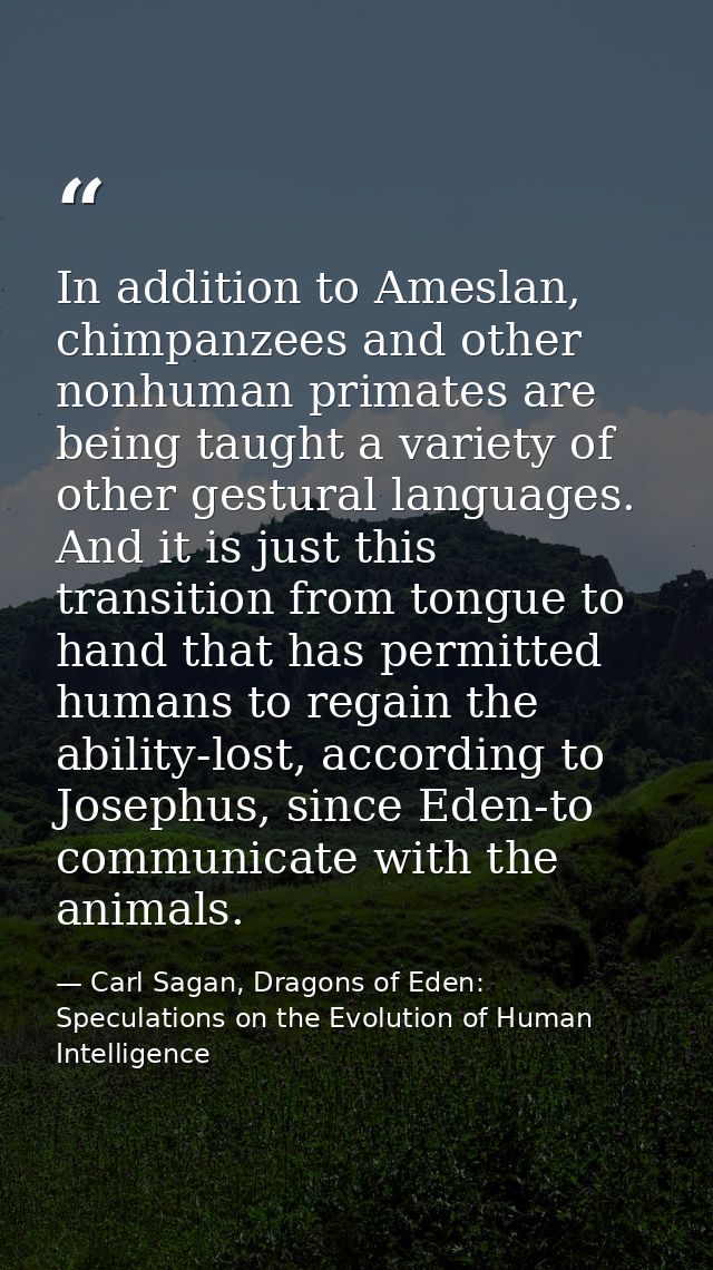 In addition to Ameslan, chimpanzees and other nonhuman primates are being taught a variety of other gestural languages.  — Carl Sagan, Dragons of Eden: Speculations on the Evolution of Human Intelligence