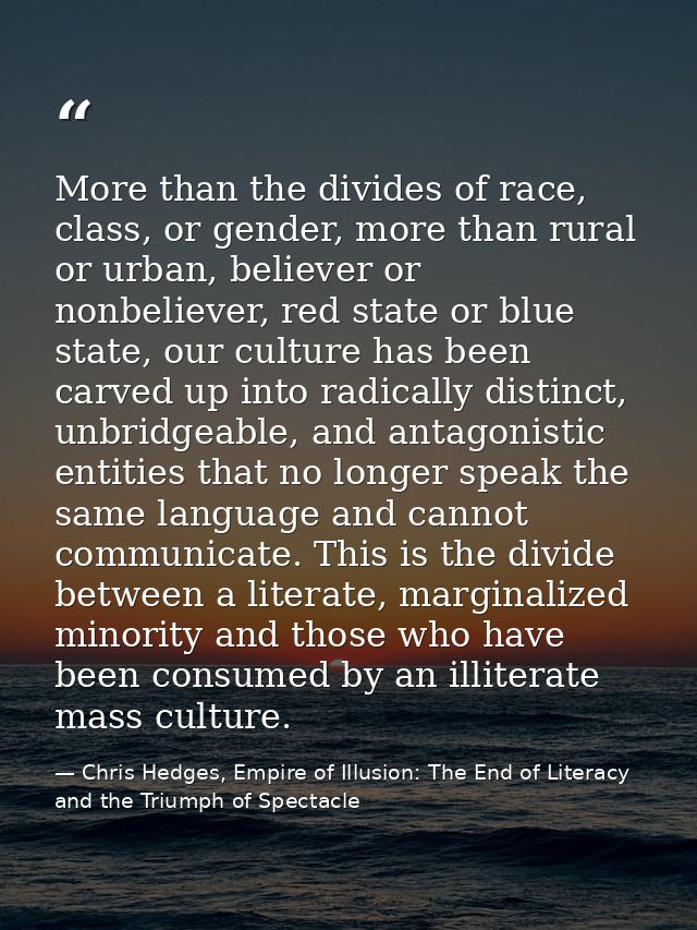 More than the divides of race, class, or gender, more than rural or urban, believer or nonbeliever, red state or blue st — Chris Hedges, Empire of Illusion: The End of Literacy and the Triumph of Spectacle