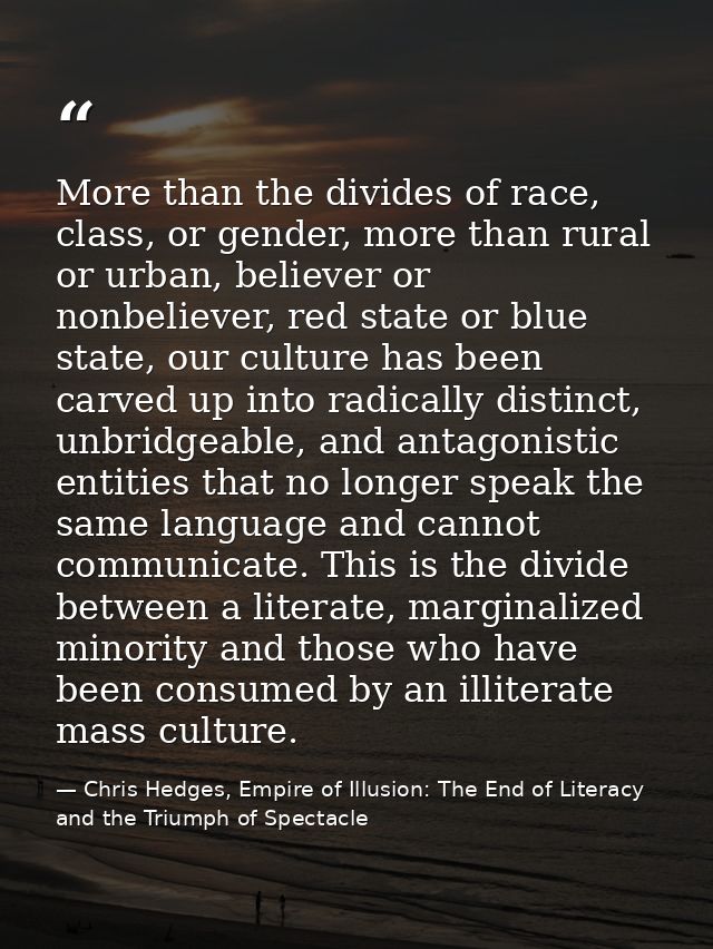 More than the divides of race, class, or gender, more than rural or urban, believer or nonbeliever, red state or blue st — Chris Hedges, Empire of Illusion: The End of Literacy and the Triumph of Spectacle