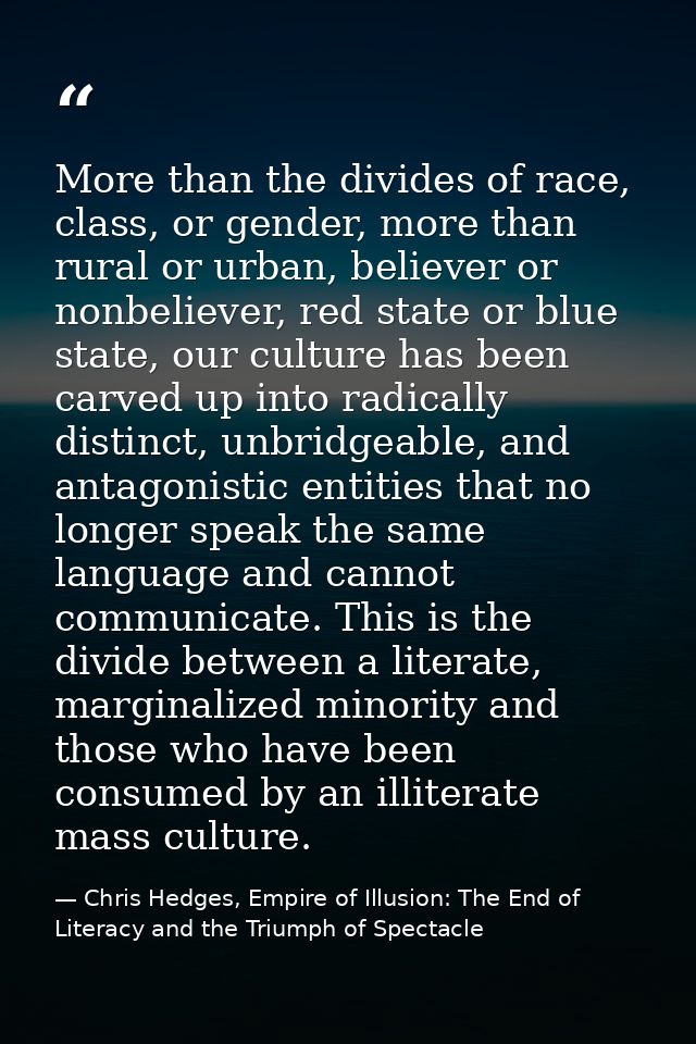 More than the divides of race, class, or gender, more than rural or urban, believer or nonbeliever, red state or blue st — Chris Hedges, Empire of Illusion: The End of Literacy and the Triumph of Spectacle
