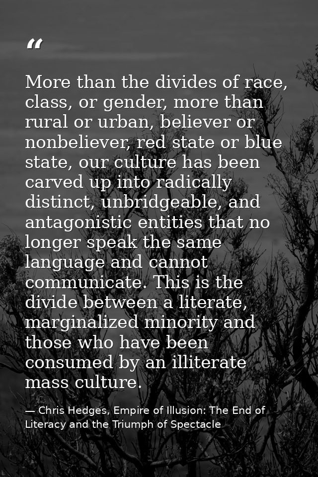 More than the divides of race, class, or gender, more than rural or urban, believer or nonbeliever, red state or blue st — Chris Hedges, Empire of Illusion: The End of Literacy and the Triumph of Spectacle