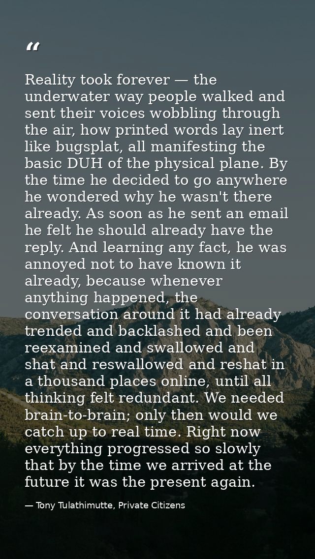 Reality took forever — the underwater way people walked and sent their voices wobbling through the air, how printed word — Tony Tulathimutte, Private Citizens