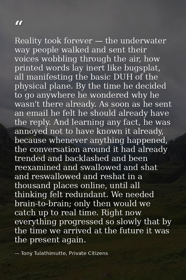 Reality took forever — the underwater way people walked and sent their voices wobbling through the air, how printed word — Tony Tulathimutte, Private Citizens