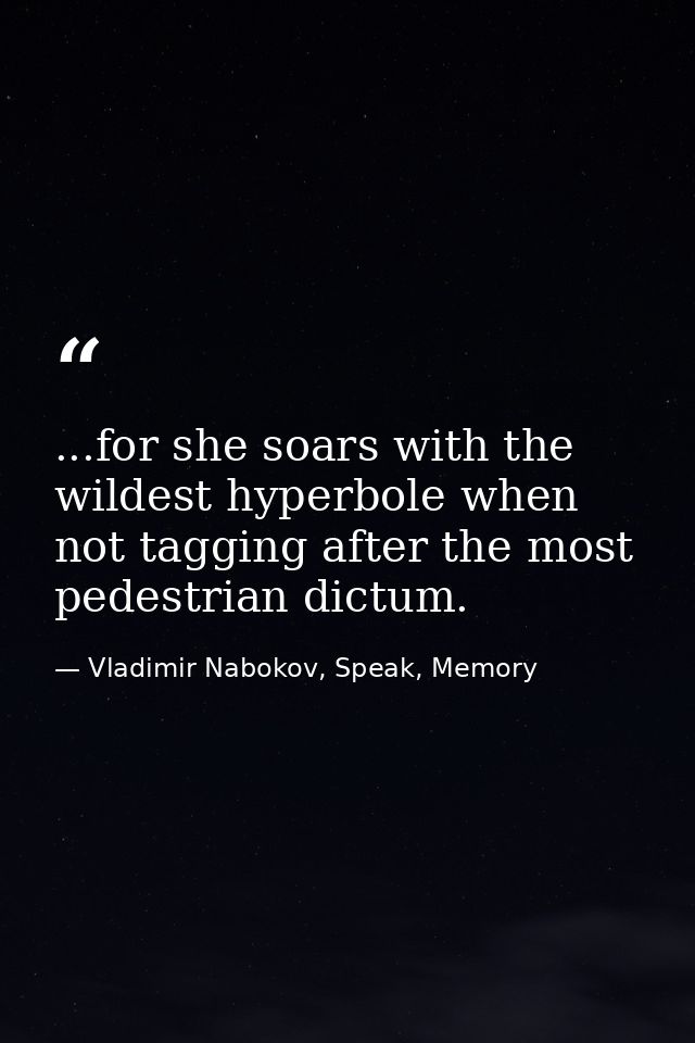 ...for she soars with the wildest hyperbole when not tagging after the most pedestrian dictum. — Vladimir Nabokov, Speak, Memory