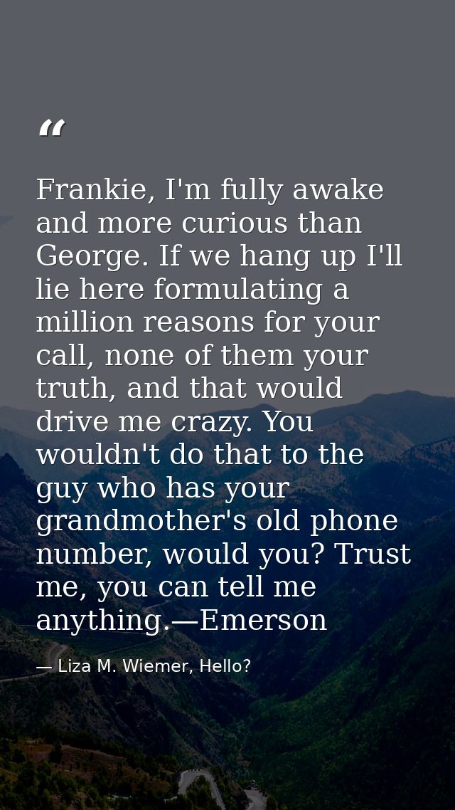 Frankie, I'm fully awake and more curious than George. If we hang up I'll lie here formulating a million reasons for you — Liza M. Wiemer, Hello?