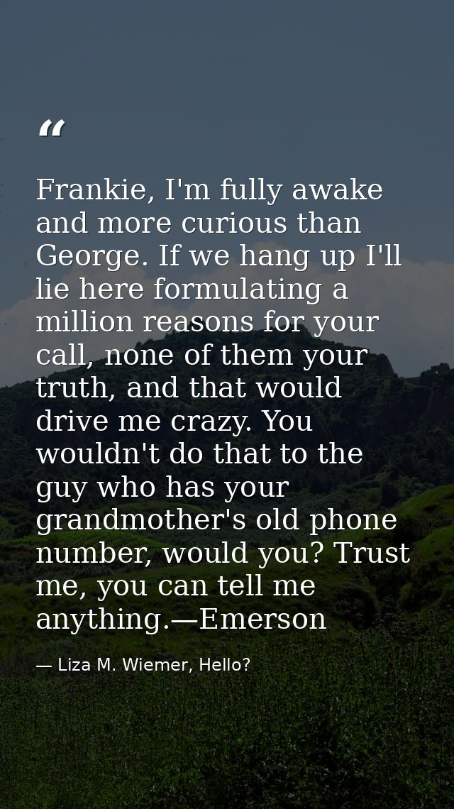 Frankie, I'm fully awake and more curious than George. If we hang up I'll lie here formulating a million reasons for you — Liza M. Wiemer, Hello?