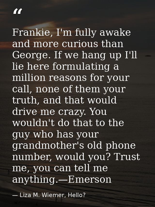 Frankie, I'm fully awake and more curious than George. If we hang up I'll lie here formulating a million reasons for you — Liza M. Wiemer, Hello?