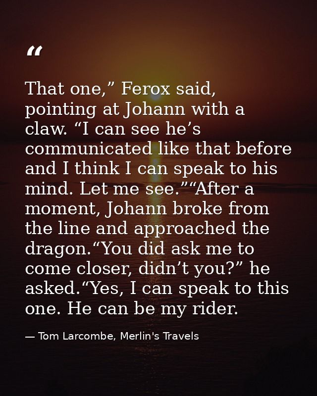 That one,” Ferox said, pointing at Johann with a claw. “I can see he’s communicated like that before and I think I can s — Tom Larcombe, Merlin's Travels