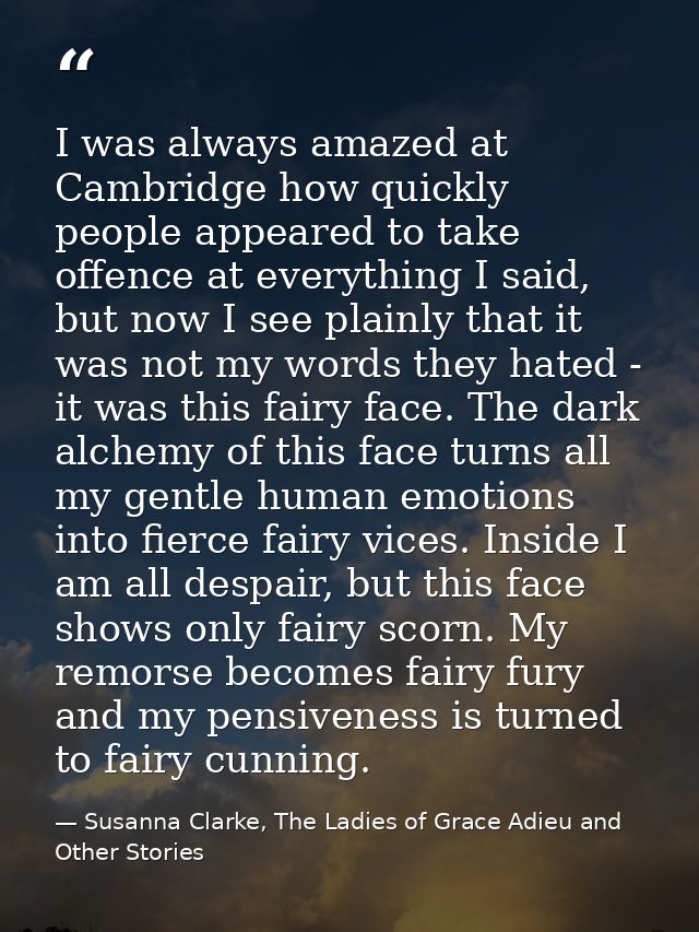 I was always amazed at Cambridge how quickly people appeared to take offence at everything I said, but now I see plainly — Susanna Clarke, The Ladies of Grace Adieu and Other Stories