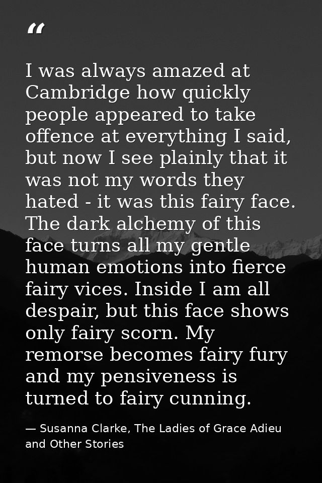 I was always amazed at Cambridge how quickly people appeared to take offence at everything I said, but now I see plainly — Susanna Clarke, The Ladies of Grace Adieu and Other Stories
