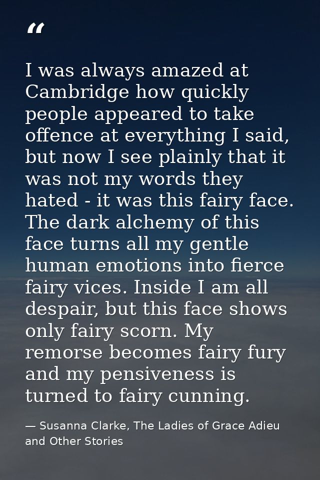 I was always amazed at Cambridge how quickly people appeared to take offence at everything I said, but now I see plainly — Susanna Clarke, The Ladies of Grace Adieu and Other Stories