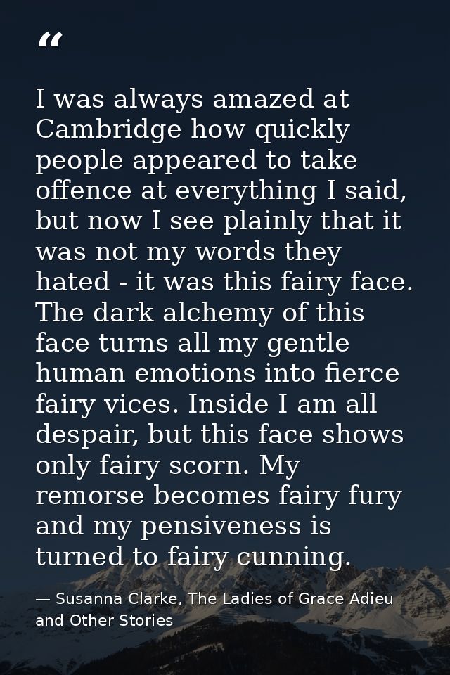 I was always amazed at Cambridge how quickly people appeared to take offence at everything I said, but now I see plainly — Susanna Clarke, The Ladies of Grace Adieu and Other Stories