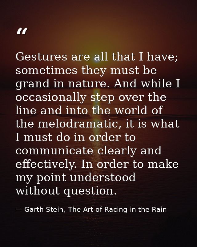 Gestures are all that I have; sometimes they must be grand in nature. And while I occasionally step over the line and in — Garth Stein, The Art of Racing in the Rain