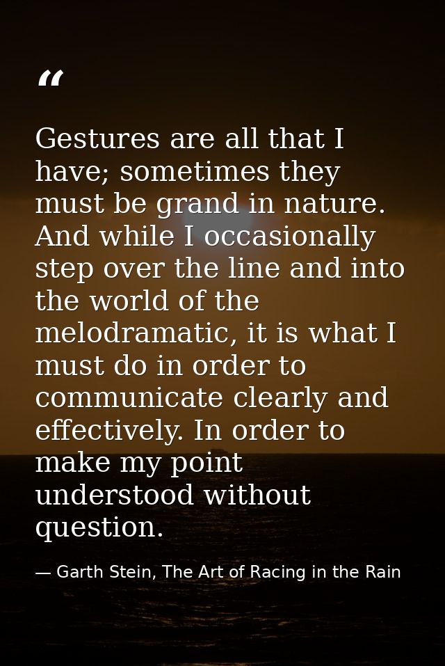 Gestures are all that I have; sometimes they must be grand in nature. And while I occasionally step over the line and in — Garth Stein, The Art of Racing in the Rain