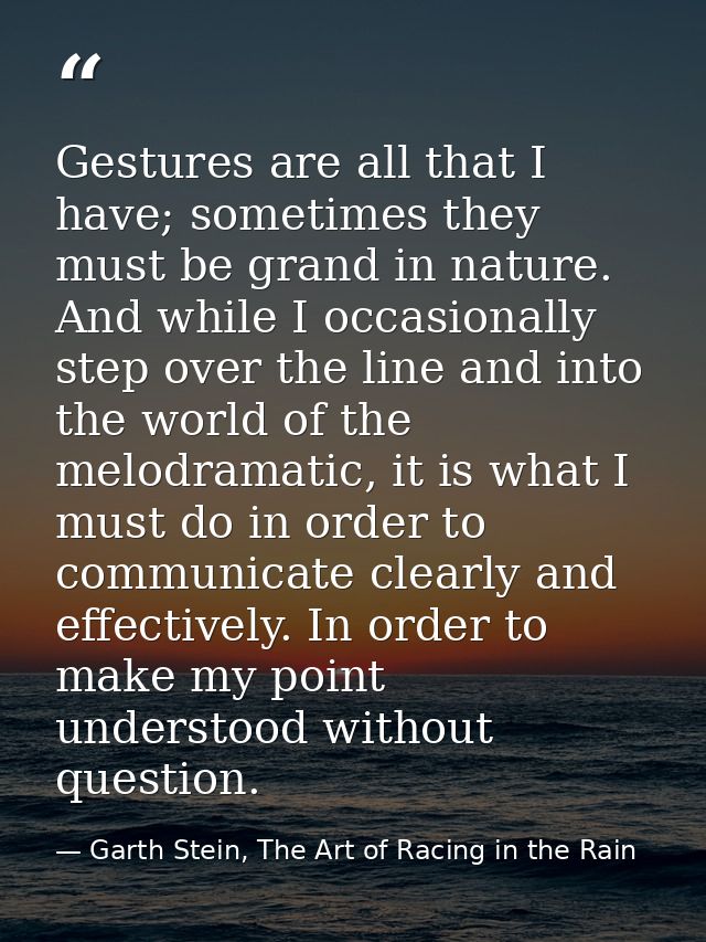 Gestures are all that I have; sometimes they must be grand in nature. And while I occasionally step over the line and in — Garth Stein, The Art of Racing in the Rain