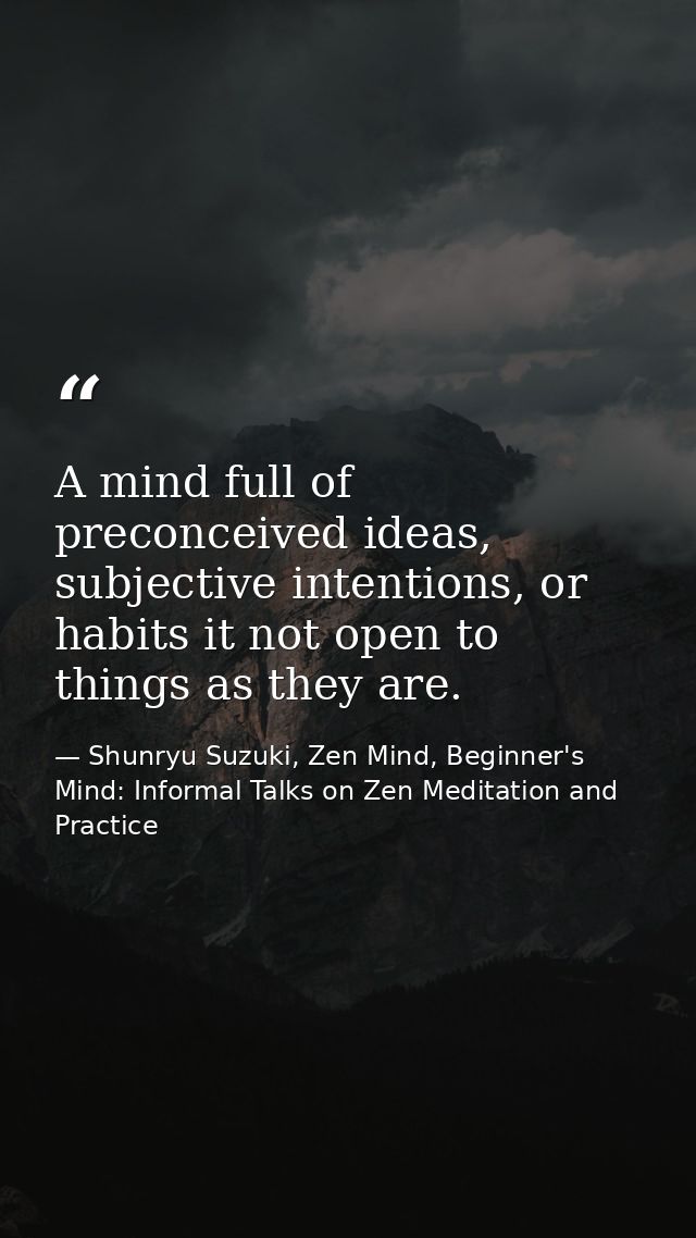 A mind full of preconceived ideas, subjective intentions, or habits it not open to things as they are. — Shunryu Suzuki, Zen Mind, Beginner's Mind: Informal Talks on Zen Meditation and Practice