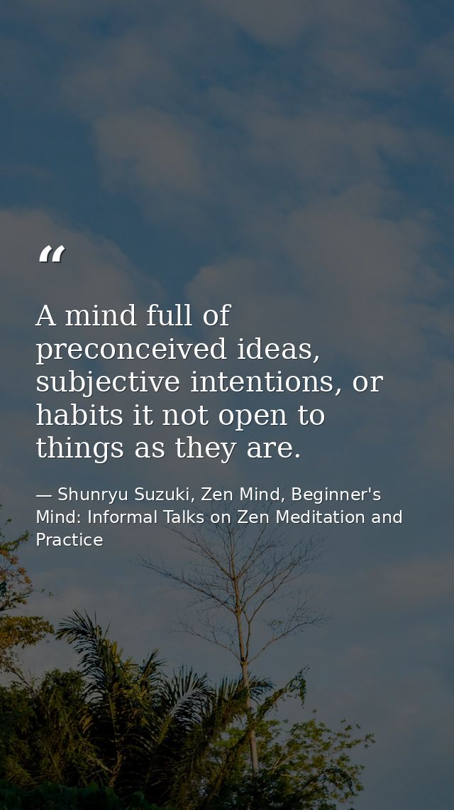 A mind full of preconceived ideas, subjective intentions, or habits it not open to things as they are. — Shunryu Suzuki, Zen Mind, Beginner's Mind: Informal Talks on Zen Meditation and Practice