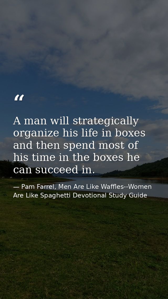 A man will strategically organize his life in boxes and then spend most of his time in the boxes he can succeed in. — Pam Farrel, Men Are Like Waffles--Women Are Like Spaghetti Devotional Study Guide