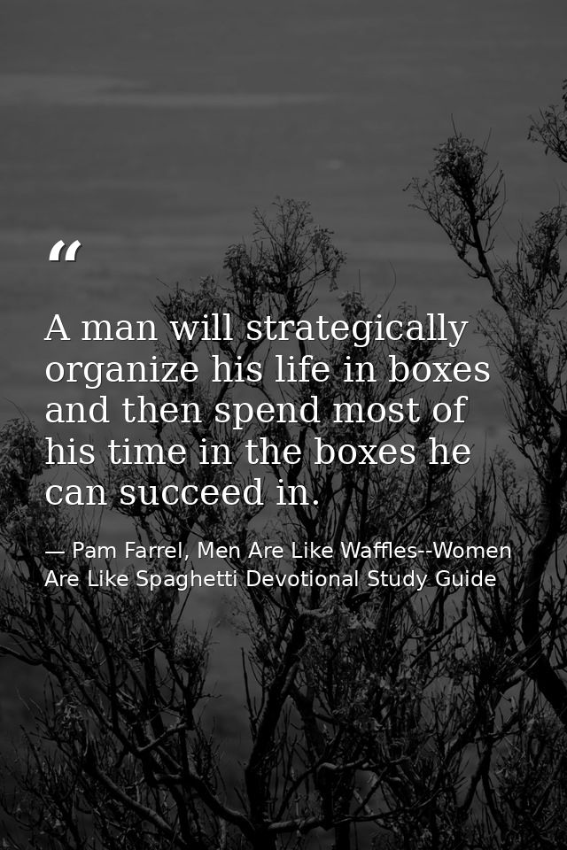 A man will strategically organize his life in boxes and then spend most of his time in the boxes he can succeed in. — Pam Farrel, Men Are Like Waffles--Women Are Like Spaghetti Devotional Study Guide