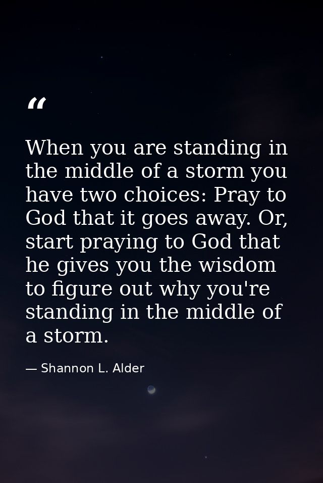 When you are standing in the middle of a storm you have two choices: Pray to God that it goes away. Or, start praying to — Shannon L. Alder
