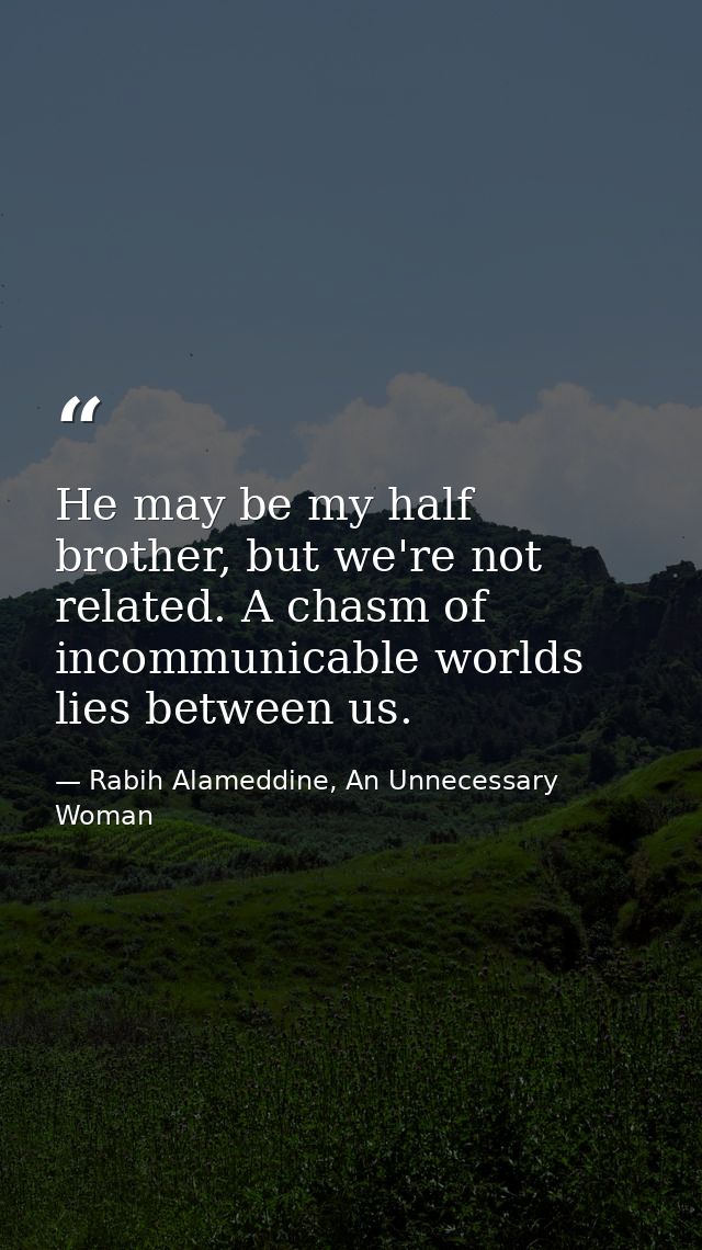 He may be my half brother, but we're not related. A chasm of incommunicable worlds lies between us. — Rabih Alameddine, An Unnecessary Woman