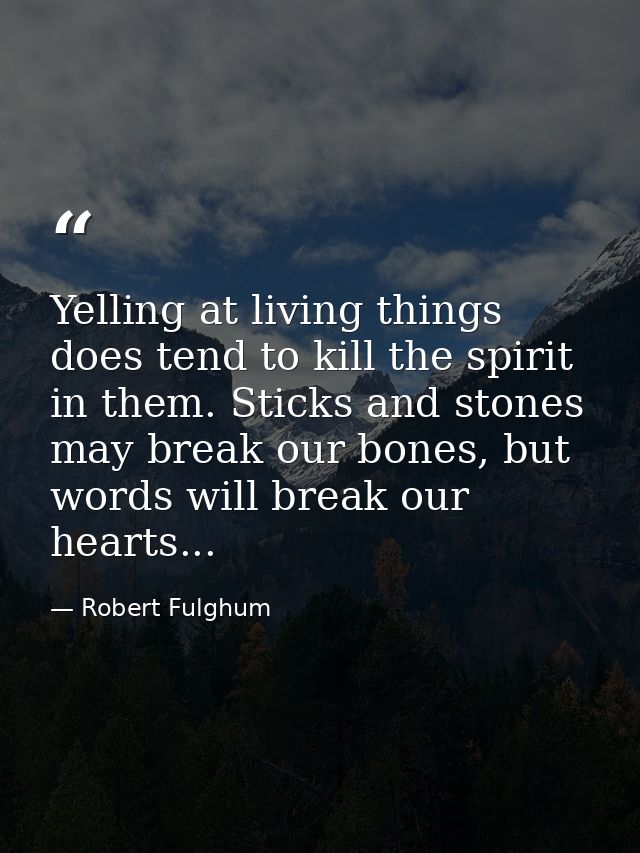 Yelling at living things does tend to kill the spirit in them. Sticks and stones may break our bones, but words will bre — Robert Fulghum