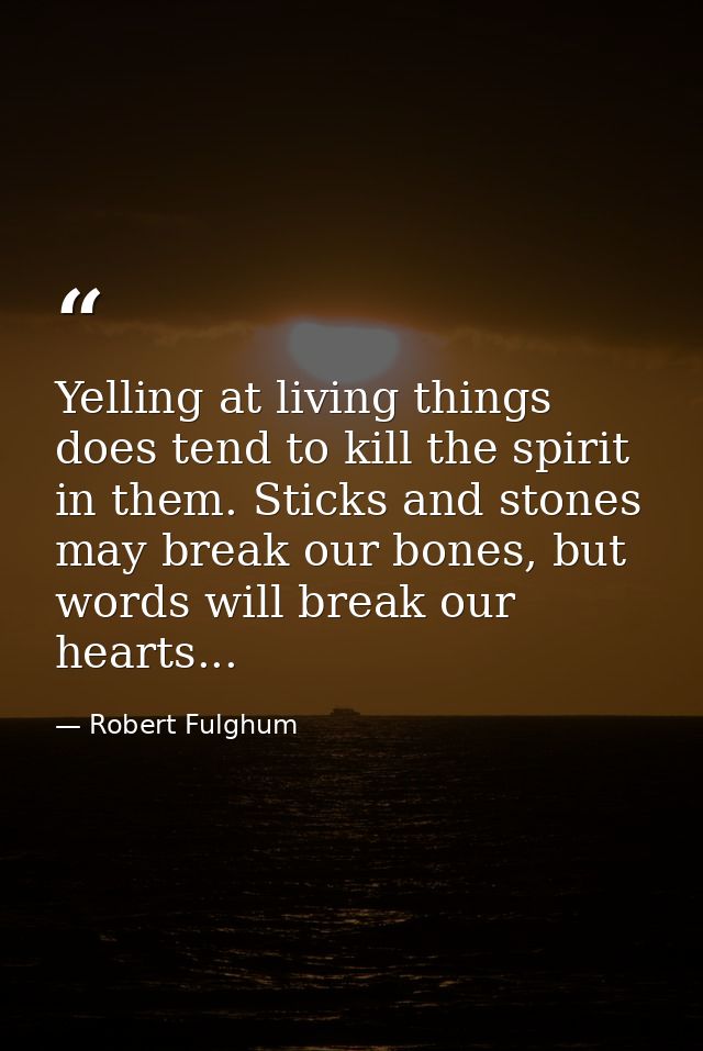 Yelling at living things does tend to kill the spirit in them. Sticks and stones may break our bones, but words will bre — Robert Fulghum