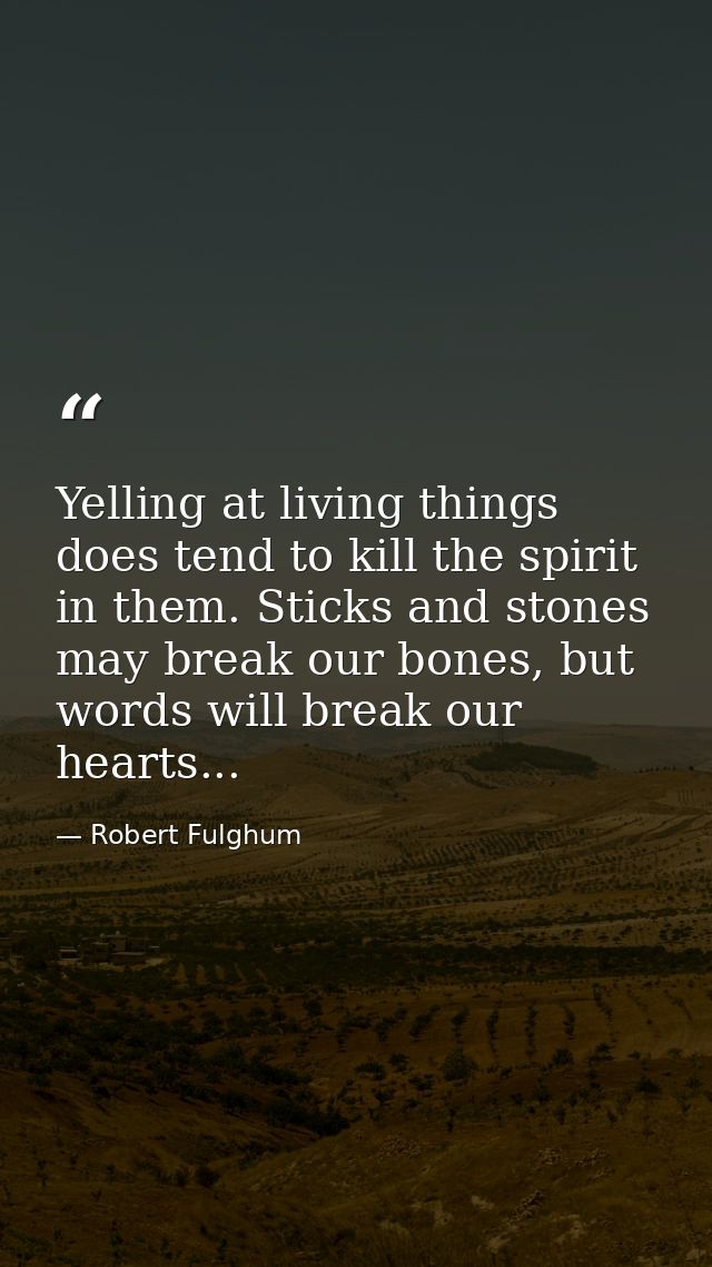 Yelling at living things does tend to kill the spirit in them. Sticks and stones may break our bones, but words will bre — Robert Fulghum