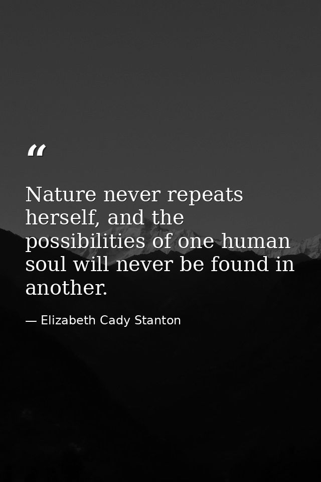Nature never repeats herself, and the possibilities of one human soul will never be found in another. — Elizabeth Cady Stanton