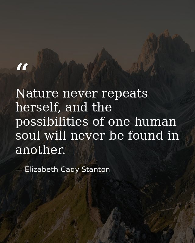 Nature never repeats herself, and the possibilities of one human soul will never be found in another. — Elizabeth Cady Stanton