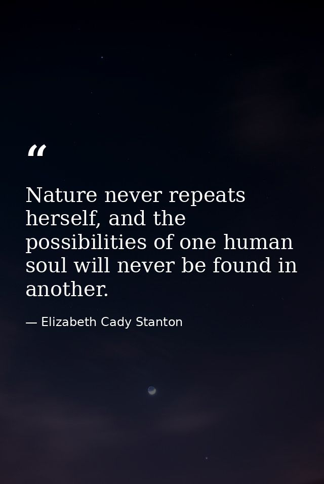 Nature never repeats herself, and the possibilities of one human soul will never be found in another. — Elizabeth Cady Stanton