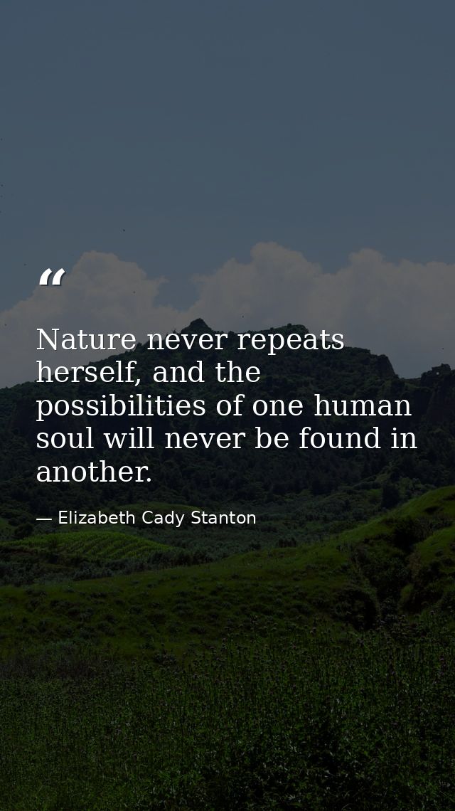 Nature never repeats herself, and the possibilities of one human soul will never be found in another. — Elizabeth Cady Stanton