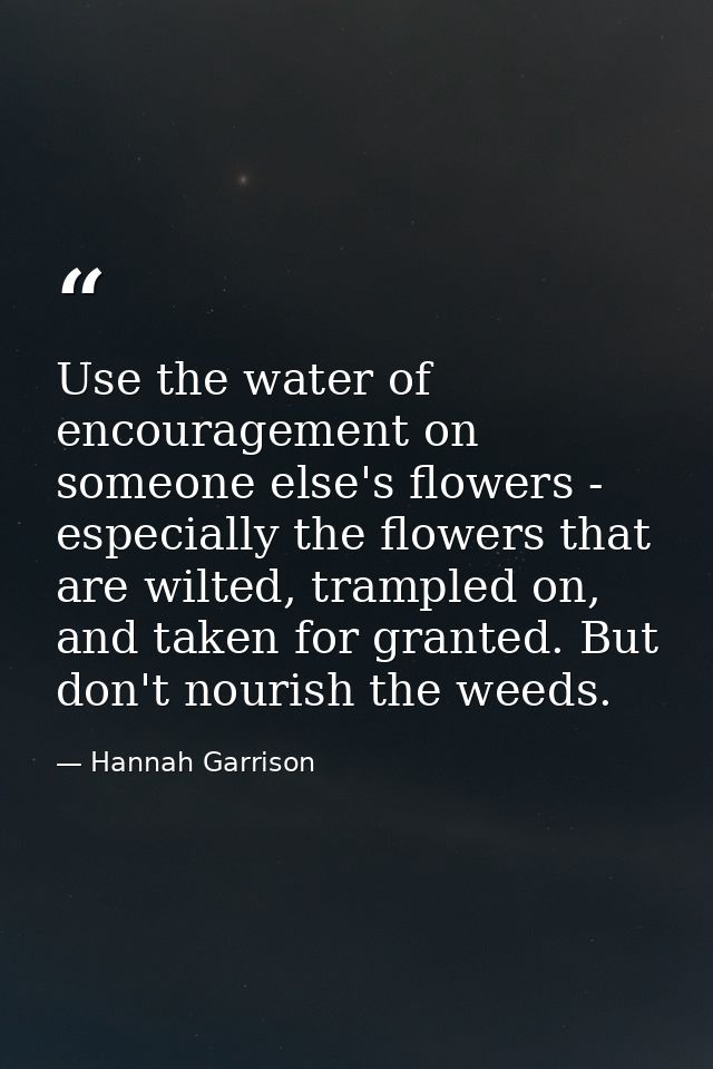 Use the water of encouragement on someone else's flowers - especially the flowers that are wilted, trampled on, and take — Hannah Garrison