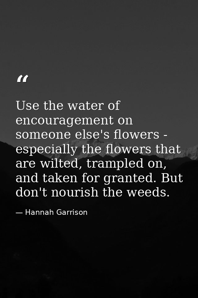 Use the water of encouragement on someone else's flowers - especially the flowers that are wilted, trampled on, and take — Hannah Garrison