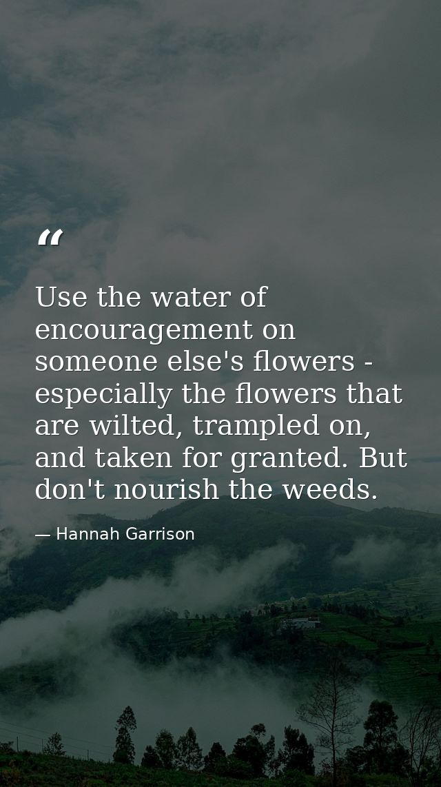 Use the water of encouragement on someone else's flowers - especially the flowers that are wilted, trampled on, and take — Hannah Garrison