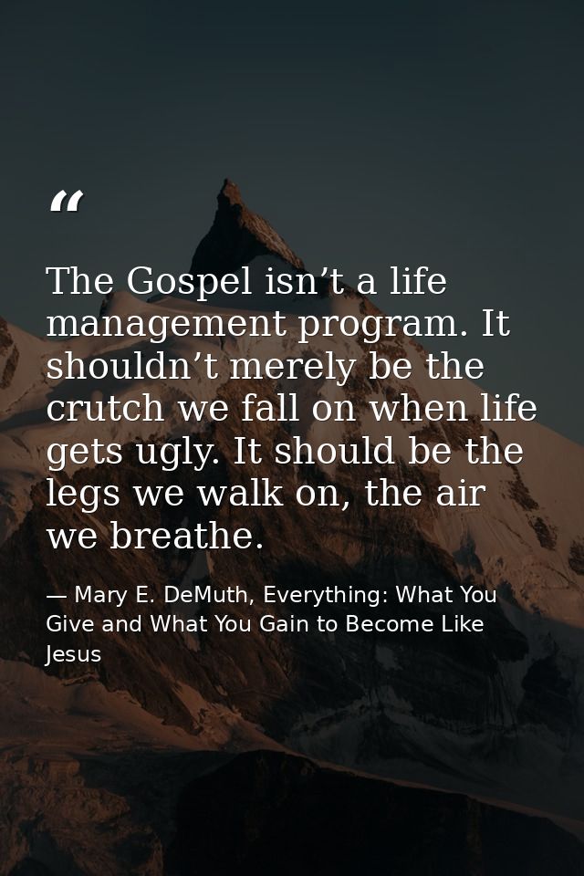 The Gospel isn’t a life management program. It shouldn’t merely be the crutch we fall on when life gets ugly. It should  — Mary E. DeMuth, Everything: What You Give and What You Gain to Become Like Jesus