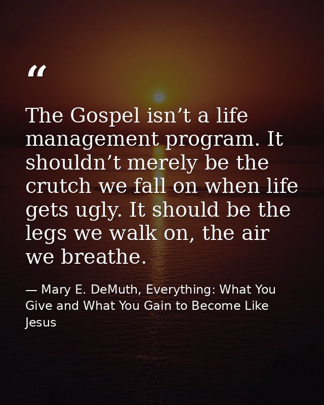 The Gospel isn’t a life management program. It shouldn’t merely be the crutch we fall on when life gets ugly. It should  — Mary E. DeMuth, Everything: What You Give and What You Gain to Become Like Jesus
