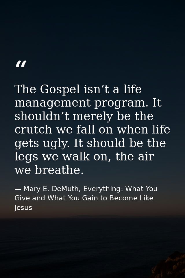The Gospel isn’t a life management program. It shouldn’t merely be the crutch we fall on when life gets ugly. It should  — Mary E. DeMuth, Everything: What You Give and What You Gain to Become Like Jesus
