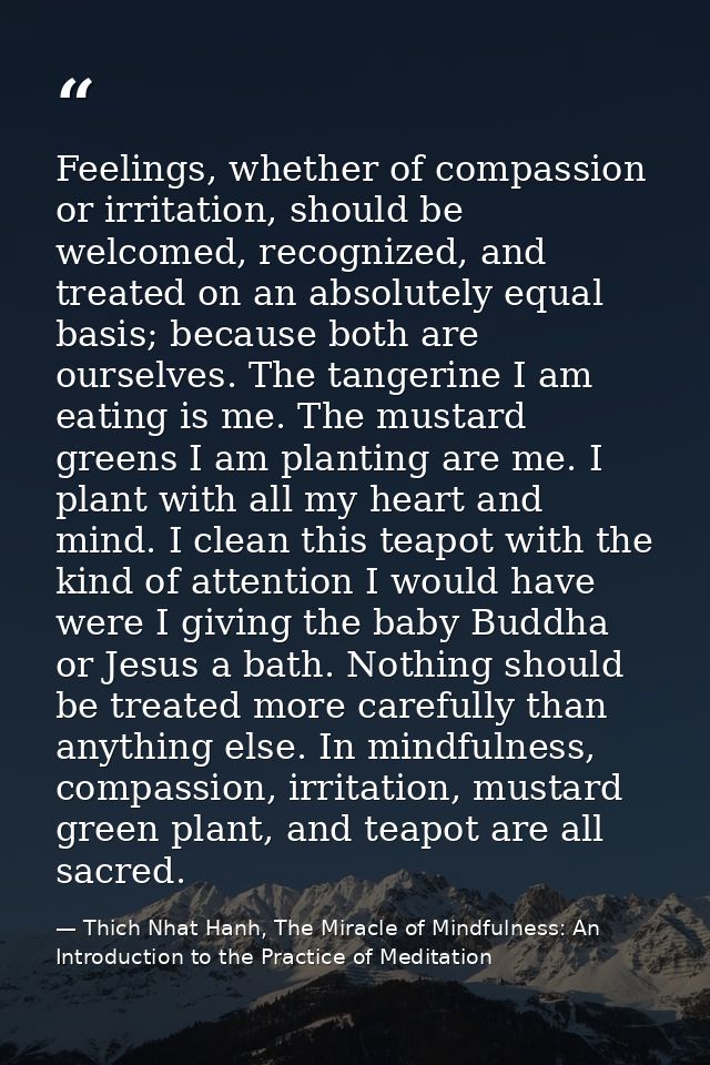 Feelings, whether of compassion or irritation, should be welcomed, recognized, and treated on an absolutely equal basis; — Thich Nhat Hanh, The Miracle of Mindfulness: An Introduction to the Practice of Meditation