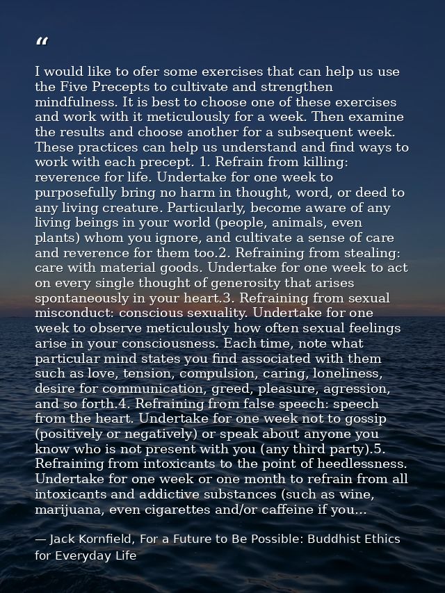 I would like to ofer some exercises that can help us use the Five Precepts to cultivate and strengthen mindfulness. It i — Jack Kornfield, For a Future to Be Possible: Buddhist Ethics for Everyday Life