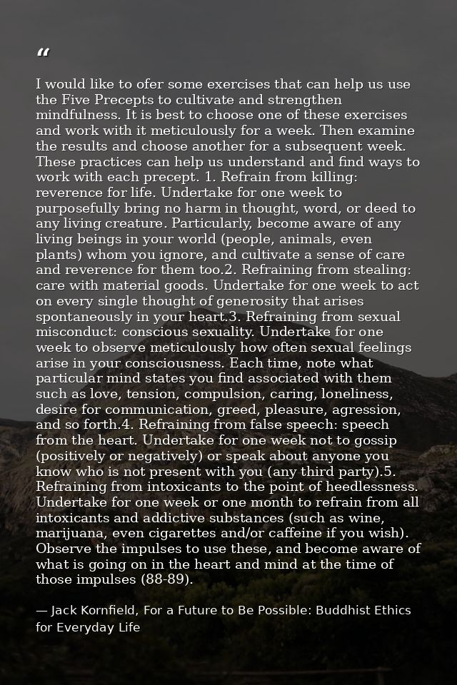 I would like to ofer some exercises that can help us use the Five Precepts to cultivate and strengthen mindfulness. It i — Jack Kornfield, For a Future to Be Possible: Buddhist Ethics for Everyday Life