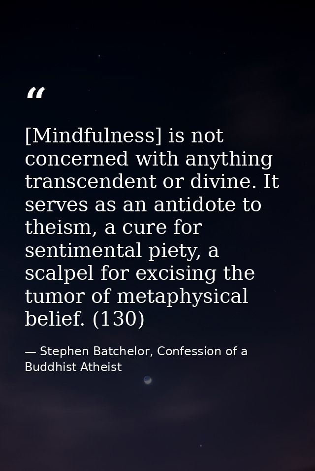 [Mindfulness] is not concerned with anything transcendent or divine. It serves as an antidote to theism, a cure for sent — Stephen Batchelor, Confession of a Buddhist Atheist