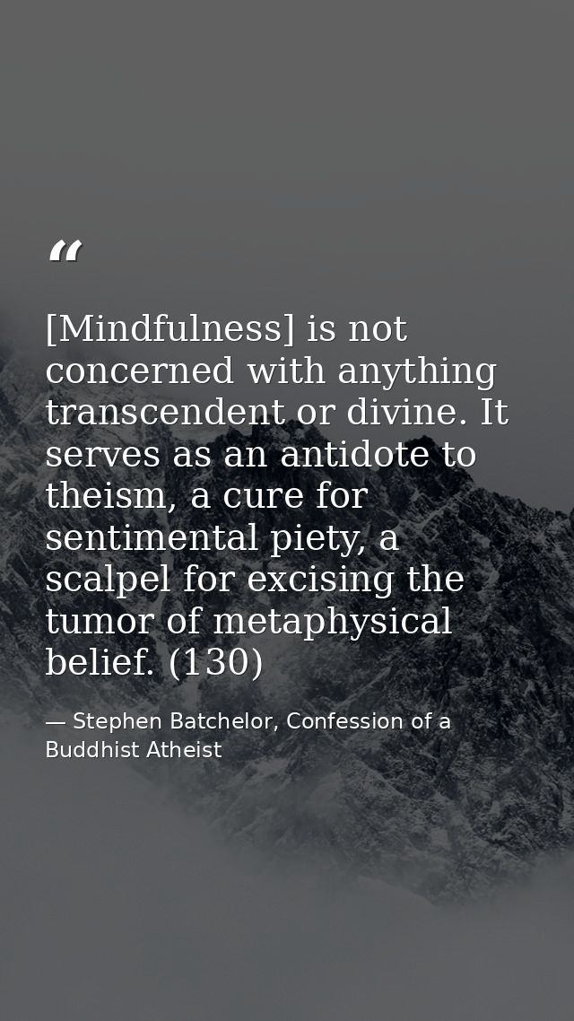 [Mindfulness] is not concerned with anything transcendent or divine. It serves as an antidote to theism, a cure for sent — Stephen Batchelor, Confession of a Buddhist Atheist