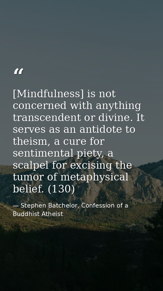 [Mindfulness] is not concerned with anything transcendent or divine. It serves as an antidote to theism, a cure for sent — Stephen Batchelor, Confession of a Buddhist Atheist